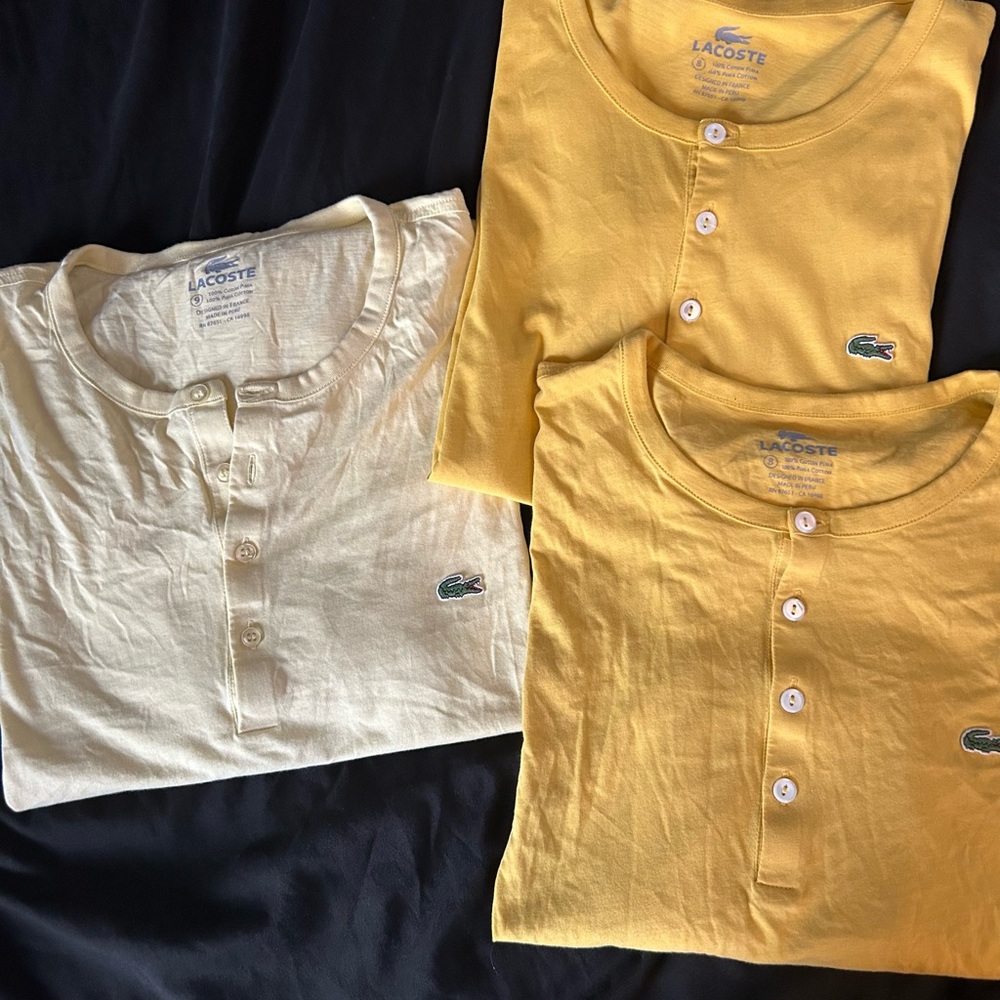 Lacoste Men’s Yellow and Cream Henley Shirts